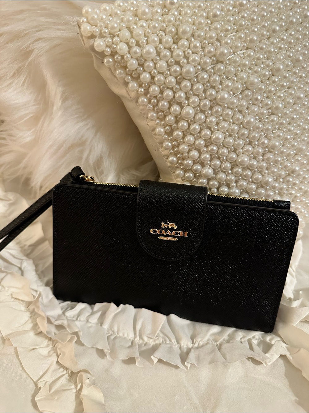 Coach Black Leather Wristlet with Gold Logo